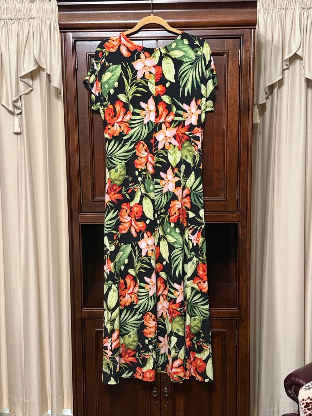 Attitudes by Renee Black Maxi Dress with Orange & Green Tropical Print - Picture 3 of 5